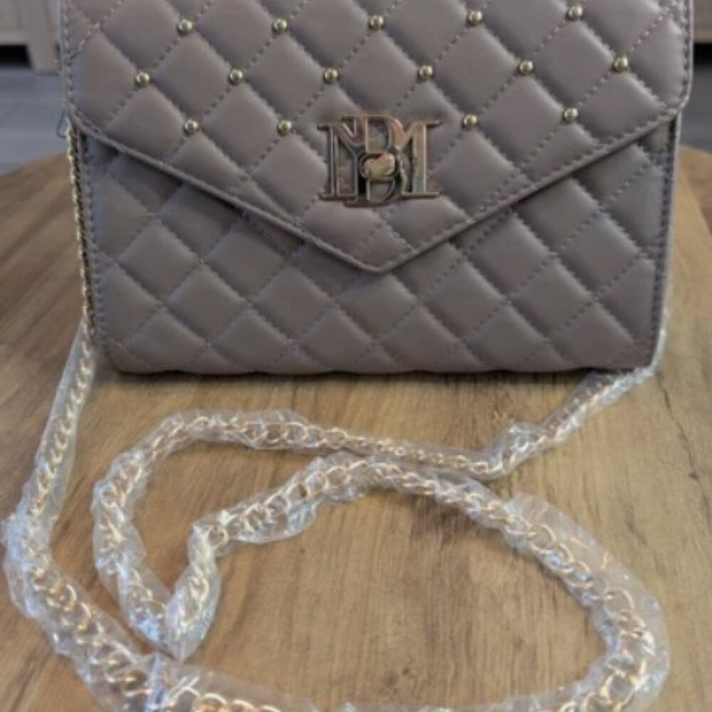 Badgley Mischka Quilted Taupe Crossbody with Gold Logo Hardware